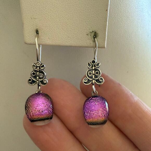 Hand Crafted Jewelry - Sterling Silver Pink Dichroic Glass Dangly Earrings